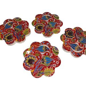 Turkish Traditional Ceramic Coasters Multicoloured Floral Shape Design Glazed